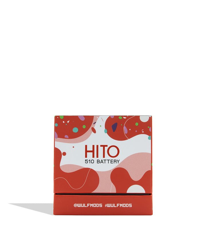 A red and white Hito 510 Battery box by Wulfmods, featuring an abstract pattern of red, pink, and white shapes with colorful dots, set against a plain white background.