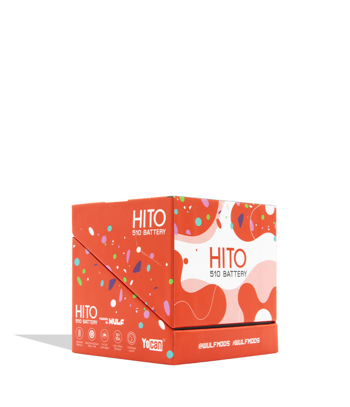 A red and white box of HITO 510 Battery by Yocan x WULF Mods, featuring colorful abstract shapes and text, set against a plain white background with a soft shadow.