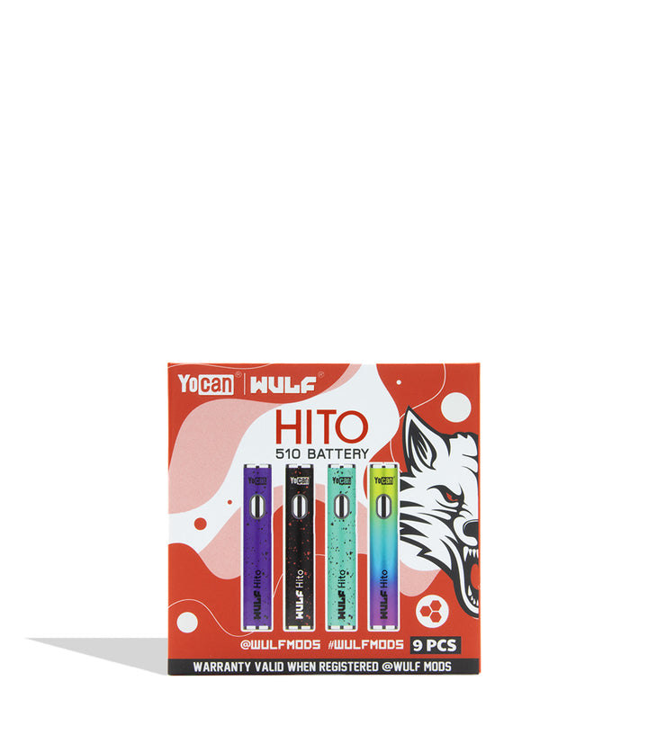 A boxed set of 9 Wolf Mods Hito 510 batteries on a white background. The packaging is red and white with a wolf graphic, and the four batteries inside are shown in purple, black, teal, and full color.