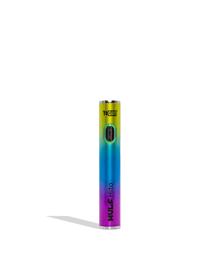 WULF Mods Hito 510 battery in full color color variant on a white background with a green ring light turned on surrounding the main power button.