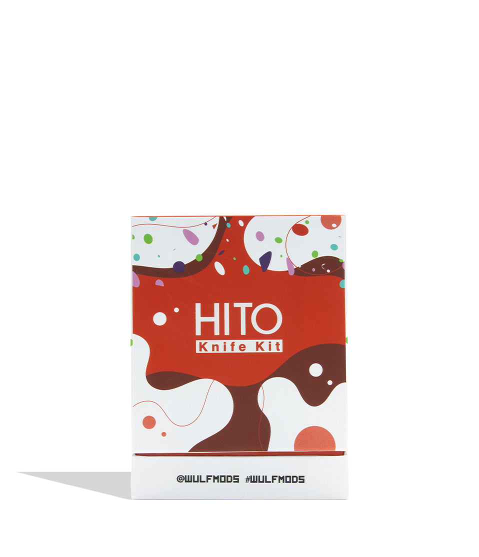 A product box for the HITO Knife Kit by WULFMODS, featuring a red and white design with abstract chocolate-like swirls and colorful confetti details, set against a plain white background.