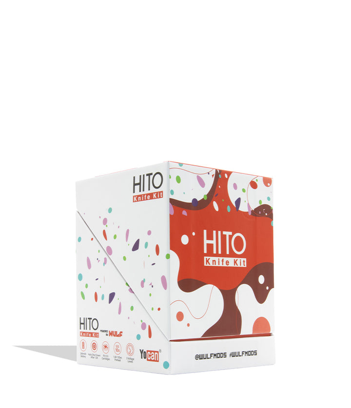 A product box for the HITO Knife Kit by Yocan/WULF MODS, featuring a white base with abstract red, brown, and multicolor paint splatter designs, shown on a clean white background with a soft shadow.