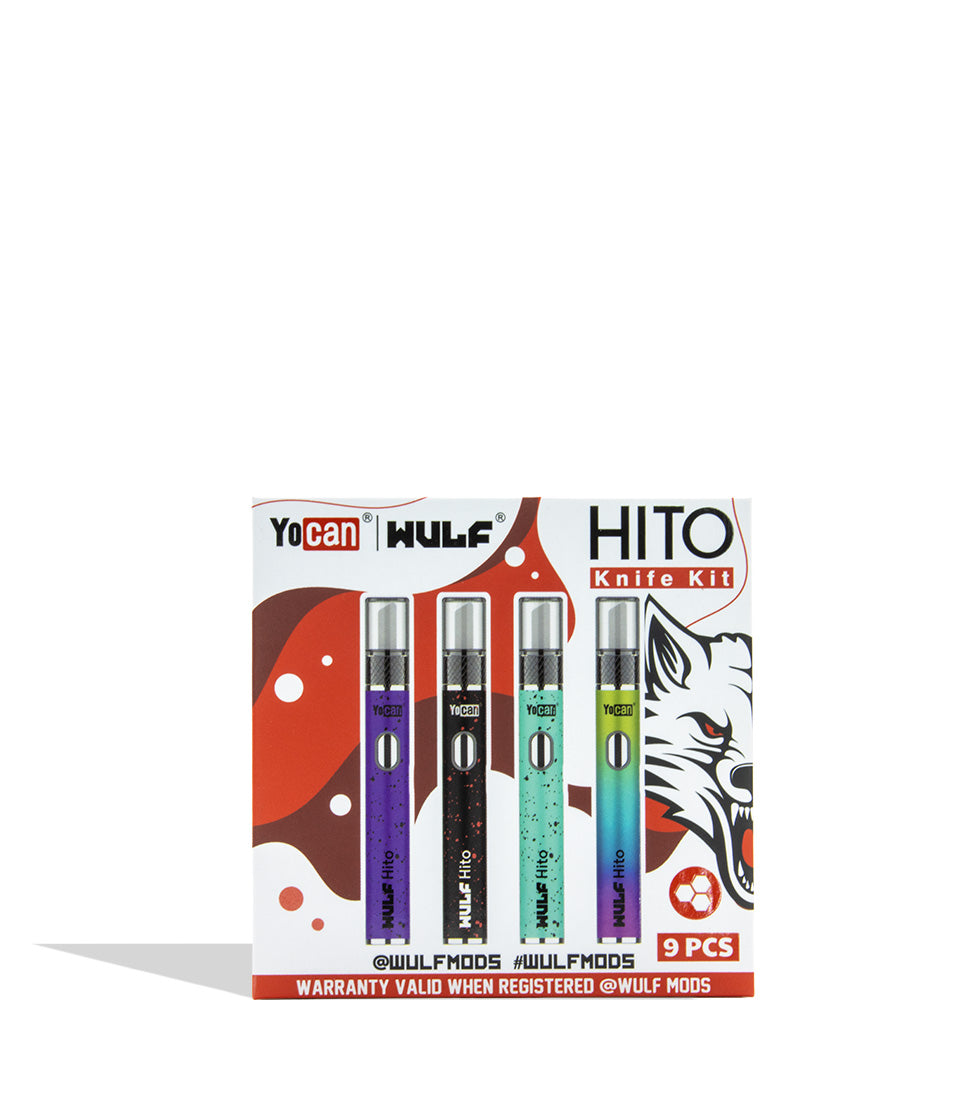 Yocan WULF HITO Knife Kit 9-piece set in its retail packaging, featuring four different colored vape pens (purple, black, green, and blue) on a white background.