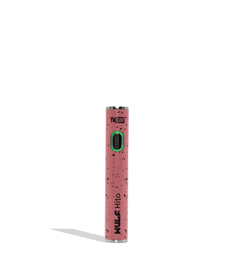 WULF Mods Hito 510 battery in pink black spatter color variant on a white background with a green ring light turned on surrounding the main power button.