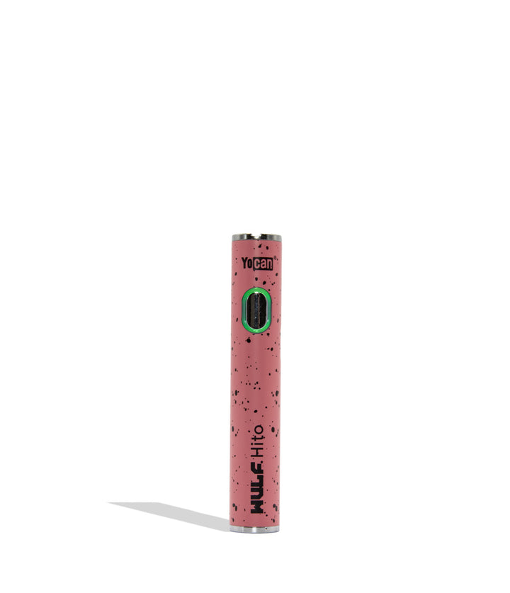 WULF Mods Hito 510 battery in pink black spatter color variant on a white background with a green ring light turned on surrounding the main power button.