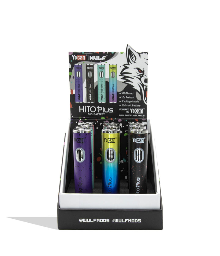 A retail display box containing nine Yocan x WULF Hito Plus 510 batteries in different colorways (purple, blue/yellow gradient, and black) with a branded cardboard backing card featuring a wolf graphic on a white background.