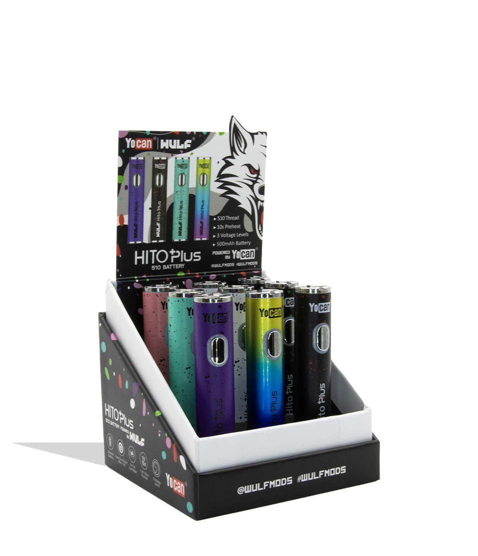 A retail display box containing nine Yocan x WULF Hito Plus 510 batteries in different colorways (purple, blue/yellow gradient, and black) with a branded cardboard backing card featuring a wolf graphic on a white background in quarter view angled.