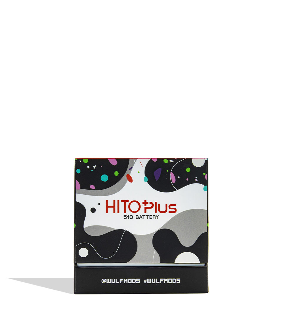 A boxed HITO Plus 510 battery by WULFMODS, featuring a black, white, and gray abstract pattern with colorful dots on the top half and a black base with white brand text on a white background.