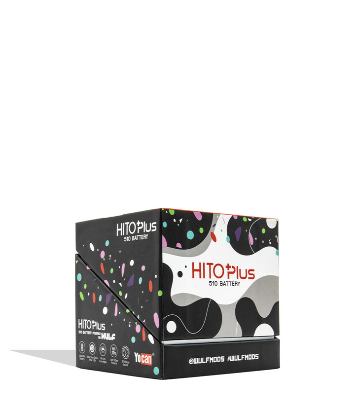 A boxed HITO Plus 510 battery by WULFMODS, featuring a black, white, and gray abstract pattern with colorful dots on the top half and a black base with white brand text on a white background in quarter/angled view.