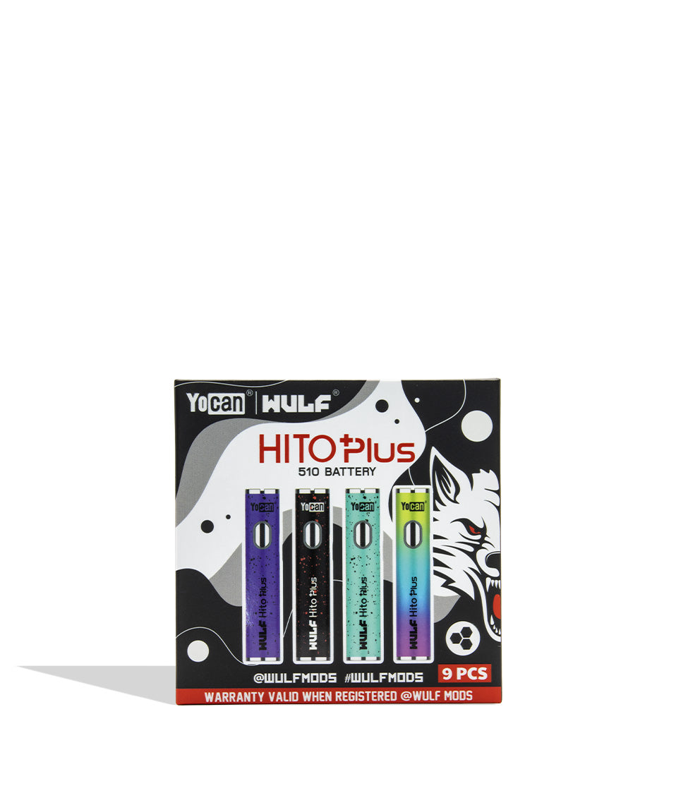 A boxed HITO Plus 510 battery by WULFMODS, featuring a black, white, and gray abstract pattern with colorful dots on the top half and a black base with white brand text on a white background top view.