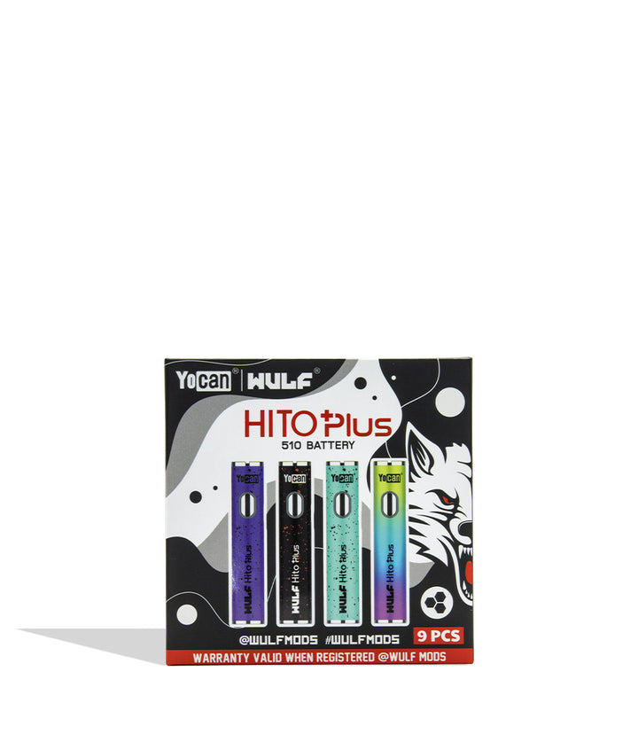 A boxed HITO Plus 510 battery by WULFMODS, featuring a black, white, and gray abstract pattern with colorful dots on the top half and a black base with white brand text on a white background top view.