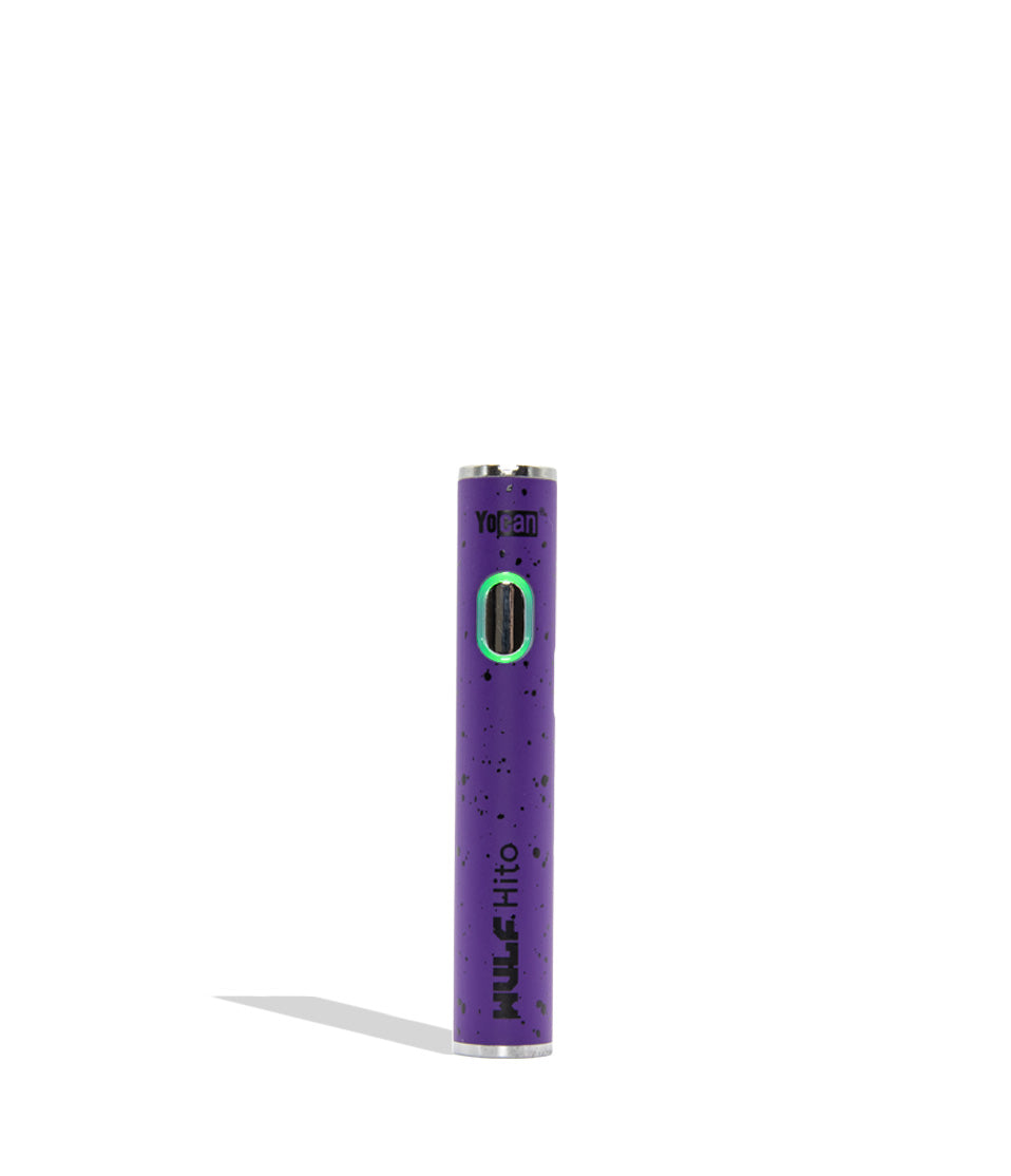 WULF Mods Hito 510 battery in purple black spatter color variant on a white background with a green ring light turned on surrounding the main power button.