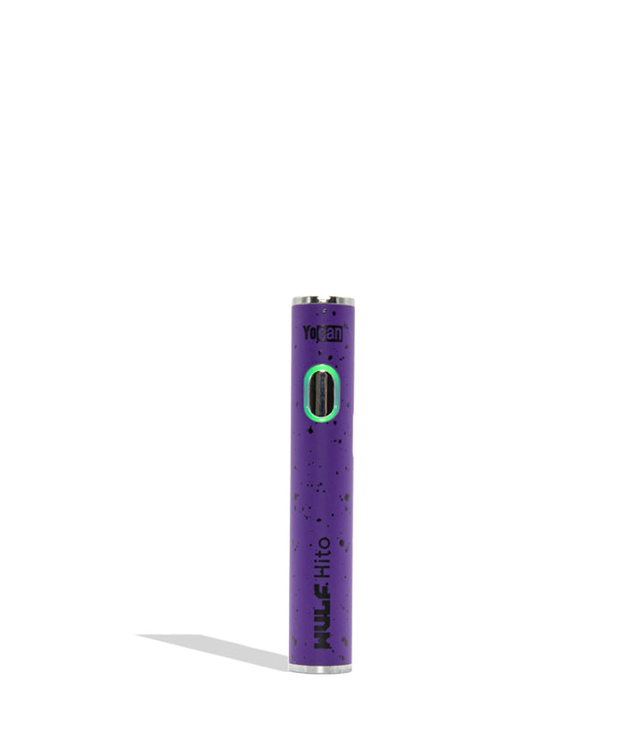 WULF Mods Hito 510 battery in purple black spatter color variant on a white background with a green ring light turned on surrounding the main power button.