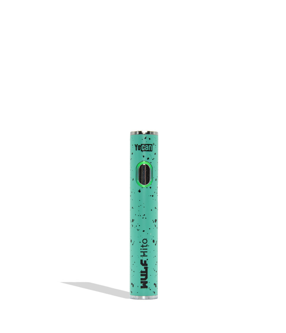 WULF Mods Hito 510 battery in teal black spatter color variant on a white background with a green ring light turned on surrounding the main power button.