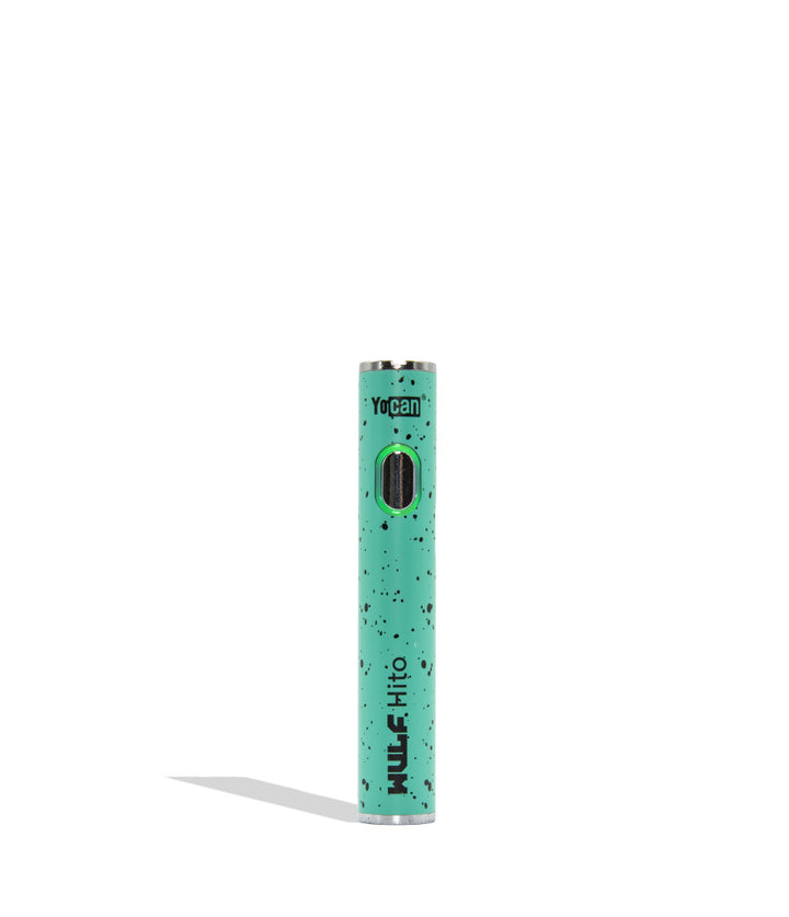 WULF Mods Hito 510 battery in teal black spatter color variant on a white background with a green ring light turned on surrounding the main power button.
