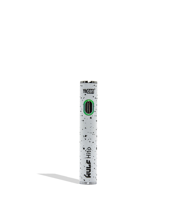 WULF Mods Hito 510 battery in white black spatter color variant on a white background with a green ring light turned on surrounding the main power button.