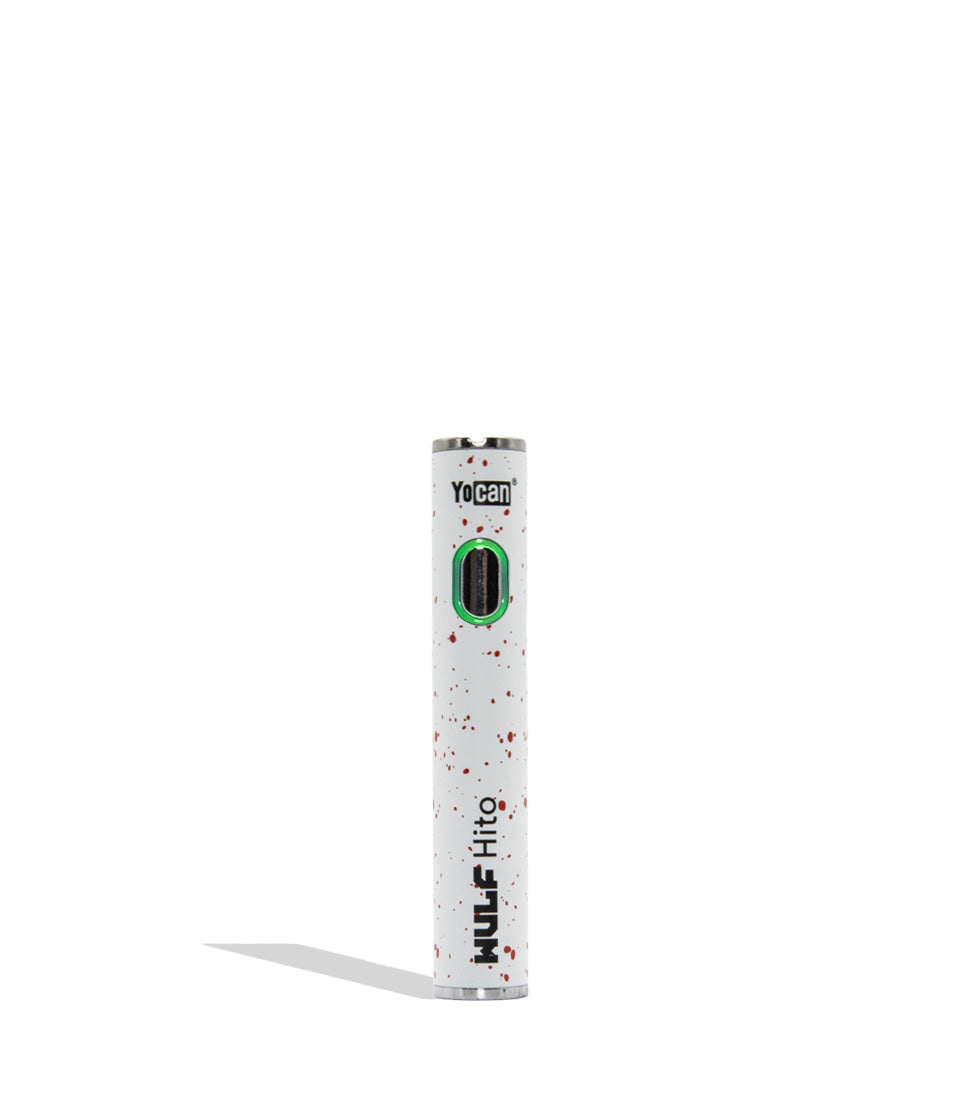 WULF Mods Hito 510 battery in white  spatter color variant on a white background with a green ring light turned on surrounding the main power button.