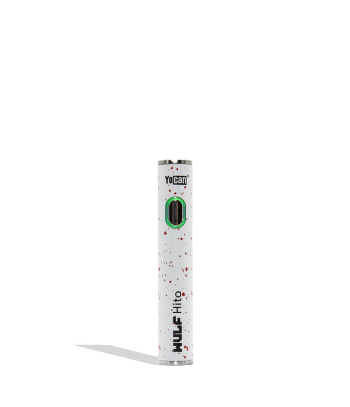 WULF Mods Hito 510 battery in white  spatter color variant on a white background with a green ring light turned on surrounding the main power button.