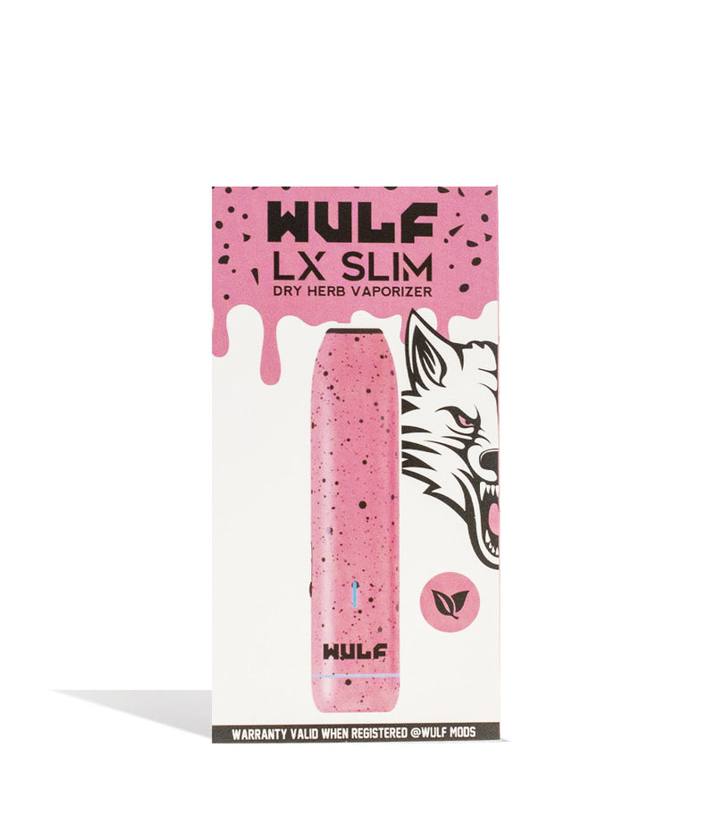 Pink Black Spatter Wulf Mods LX Slim Portable Dry Herb Vaporizer Packaging on white background