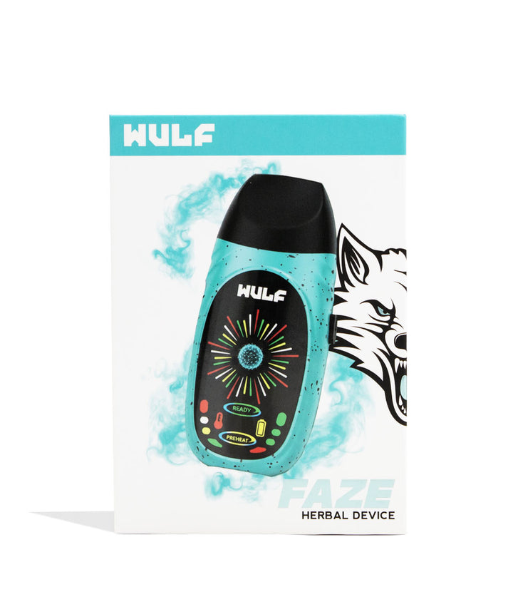 Teal-Black Spatter Wulf Mods Faze Portable Dry Herb Vaporizer Packaging Front View on White Background