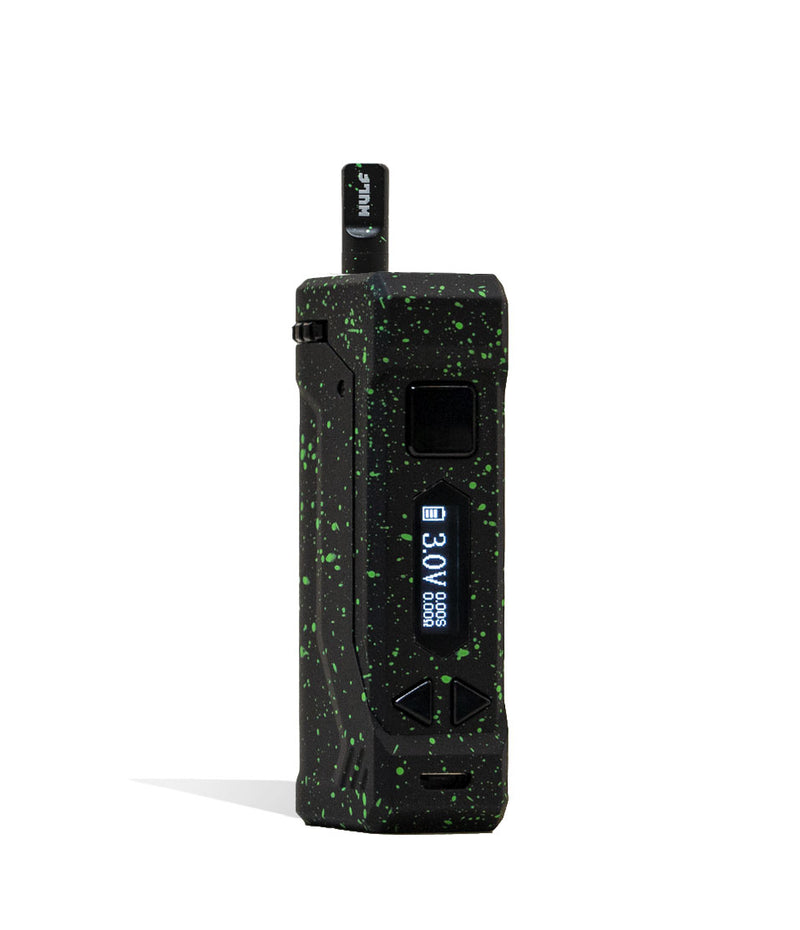 Black Green Spatter Wulf Mods UNI Pro Max Concentrate Kit Vaporizer With Tank Front View on White Background