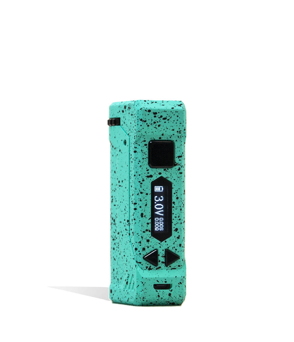 Teal Black Spatter Wulf Mods UNI Pro Max Concentrate Kit Vaporizer Front View on White Background