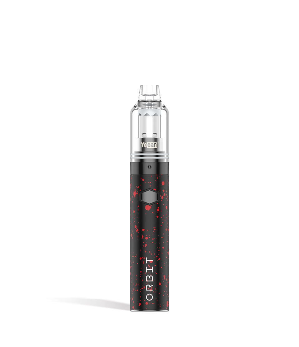 Black Red Spatter front view Wulf Mods Orbit Concentrate Vaporizer on white studio background