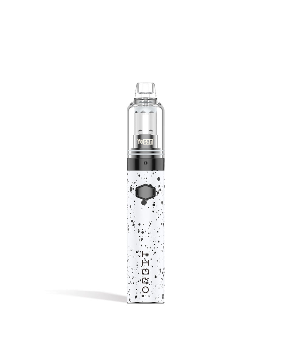 White Black Spatter front view Wulf Mods Orbit Concentrate Vaporizer on white studio background