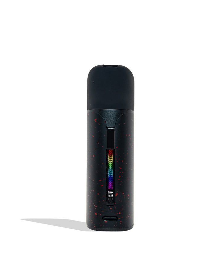 WULF MODS Pocket Mini concentrate vaporizer in black with red spatter pattern details, featuring a vertical rainbow LED indicator light on the side, shown against a plain white background. Front view