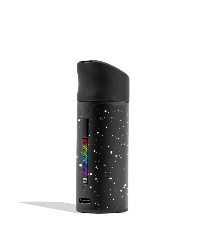 WULF MODS Pocket Mini concentrate vaporizer in black white spatter, featuring a vertical rainbow LED indicator light on the side, shown against a plain white background.
