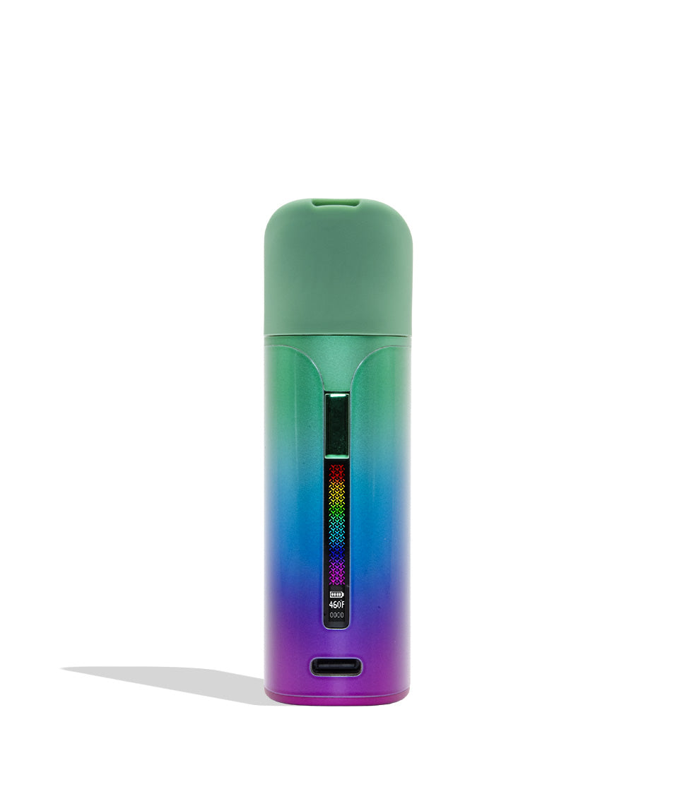 WULF MODS Pocket Mini portable concentrate vaporizer in full color gradient details, featuring a vertical rainbow LED indicator light on the side, shown against a plain white background. Front view