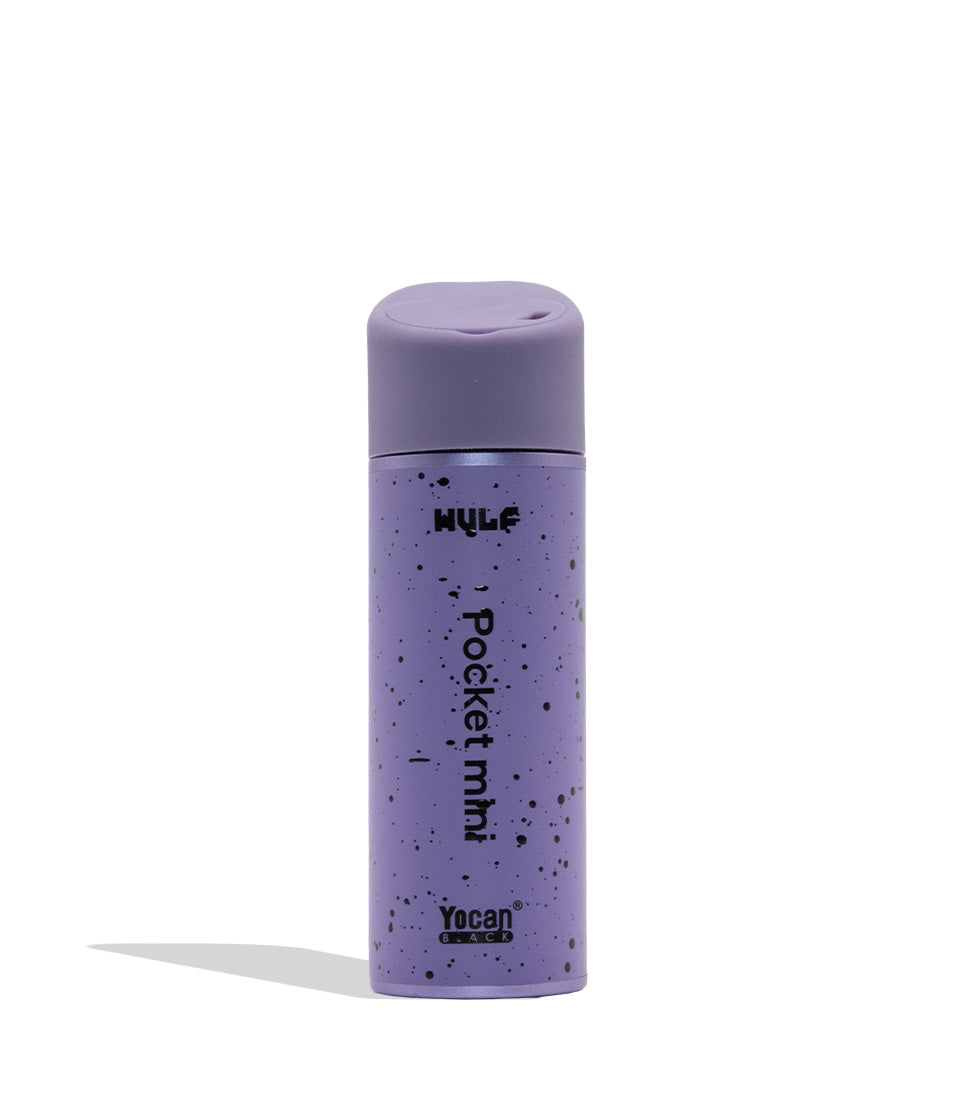 WULF MODS Pocket Mini portable concentrate vaporizer in purple with black spatter pattern details, featuring a vertical rainbow LED indicator light on the side, shown against a plain white background. Back view