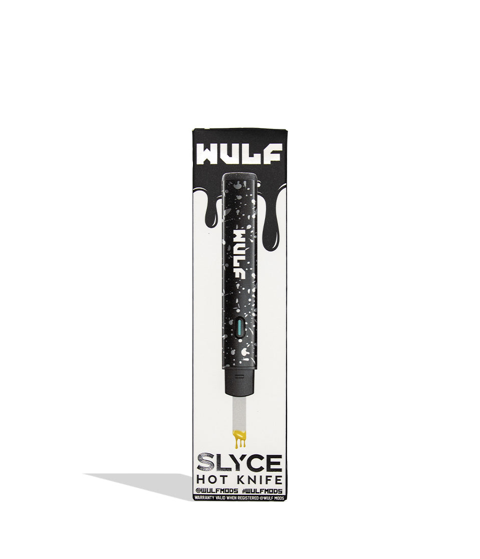 Wulf Slyce black white spatter individual packaging on a white background