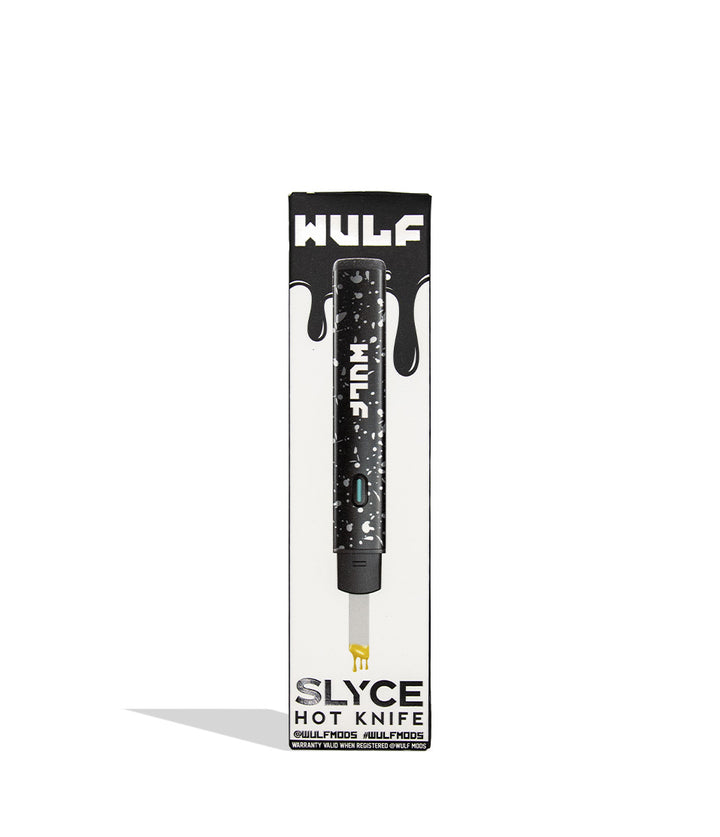 Wulf Slyce black white spatter individual packaging on a white background