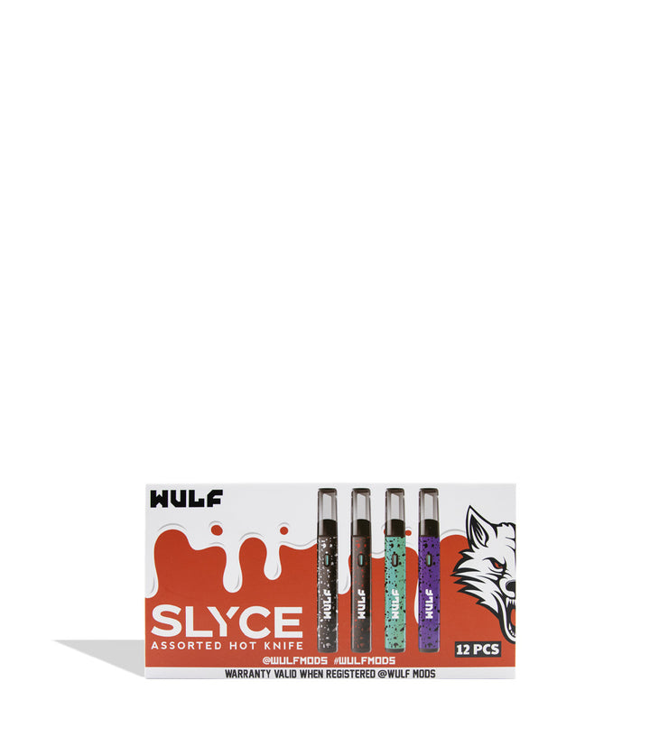 Wulf Slyce Assorted Hot Knife 12-pack in its retail box, featuring four knives in black, teal, red, and purple with a white wolf graphic on a white background. Display case unopened top view