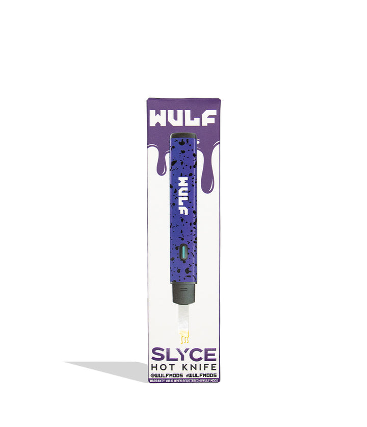 Wulf Slyce purple black spatter individual packaging on a white background