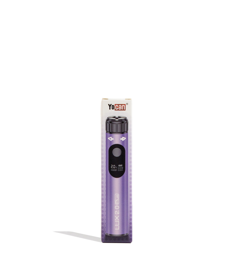Purple Yocan Lux Plus 2.0 Variable Voltage Battery 15pk Packaging Front View on White Background