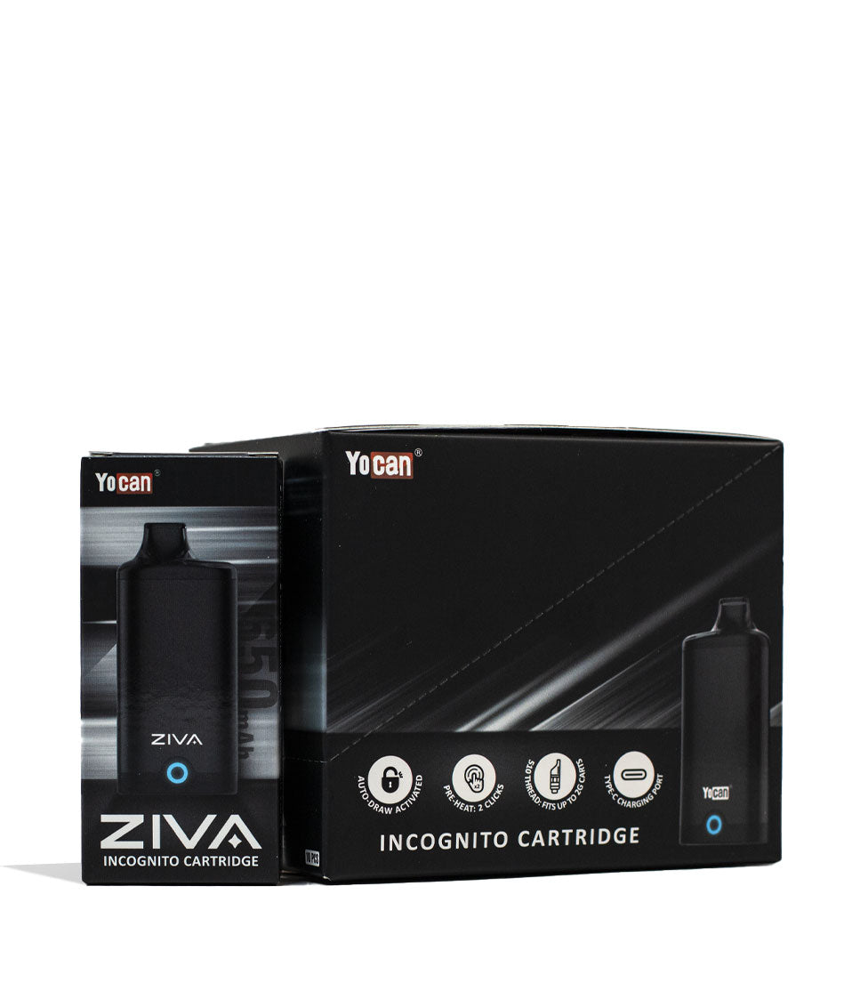 Black Yocan ZIVA Smart Cartridge Vaporizer 10pk Packaging Front View on White Background