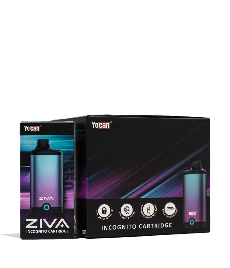 Blue Purple Yocan ZIVA Smart Cartridge Vaporizer 10pk Packaging Front View on White Background