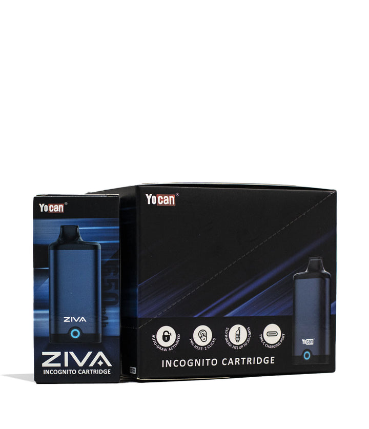 Dark Blue Yocan ZIVA Smart Cartridge Vaporizer 10pk Packaging Front View on White Background