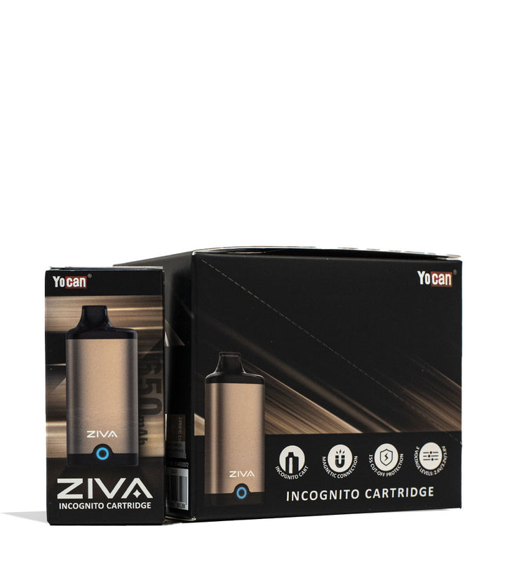 Gold Yocan ZIVA Smart Cartridge Vaporizer 10pk Packaging Front View on White Background
