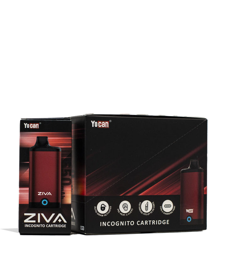 Red Yocan ZIVA Smart Cartridge Vaporizer 10pk Packaging Front View on White Background