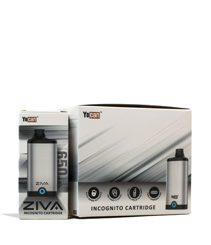 Silver Yocan ZIVA Smart Cartridge Vaporizer 10pk Packaging Front View on White Background