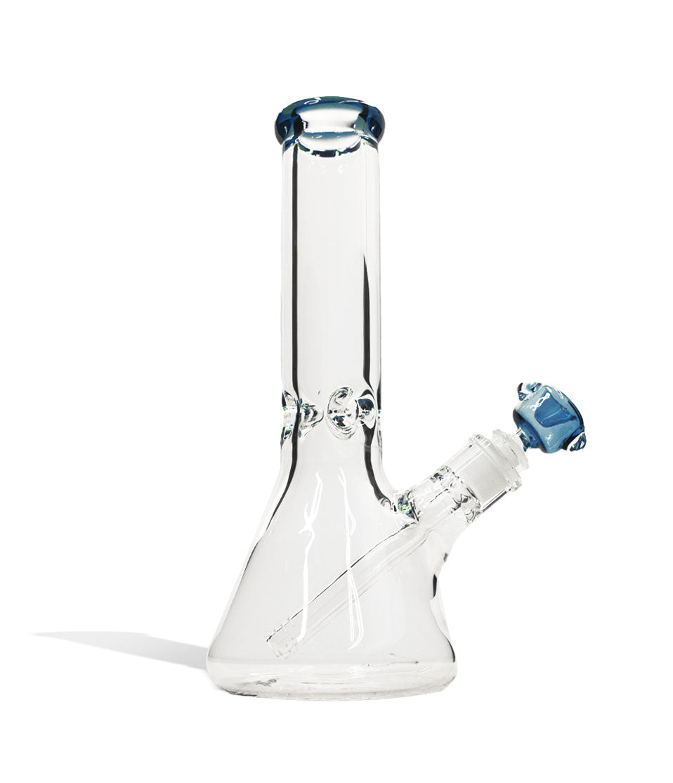 Clear Blue 12 inch Beaker Water Pipe with Ice Pinch and Colored Bowl Front View on White Background
