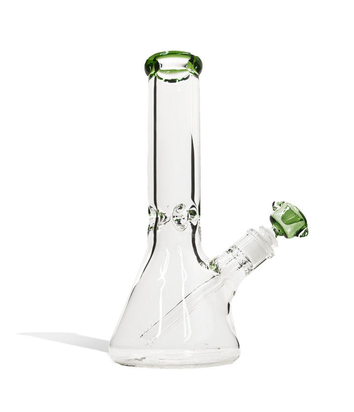 Green 12 inch Beaker Water Pipe with Ice Pinch and Colored Bowl Front View on White Background