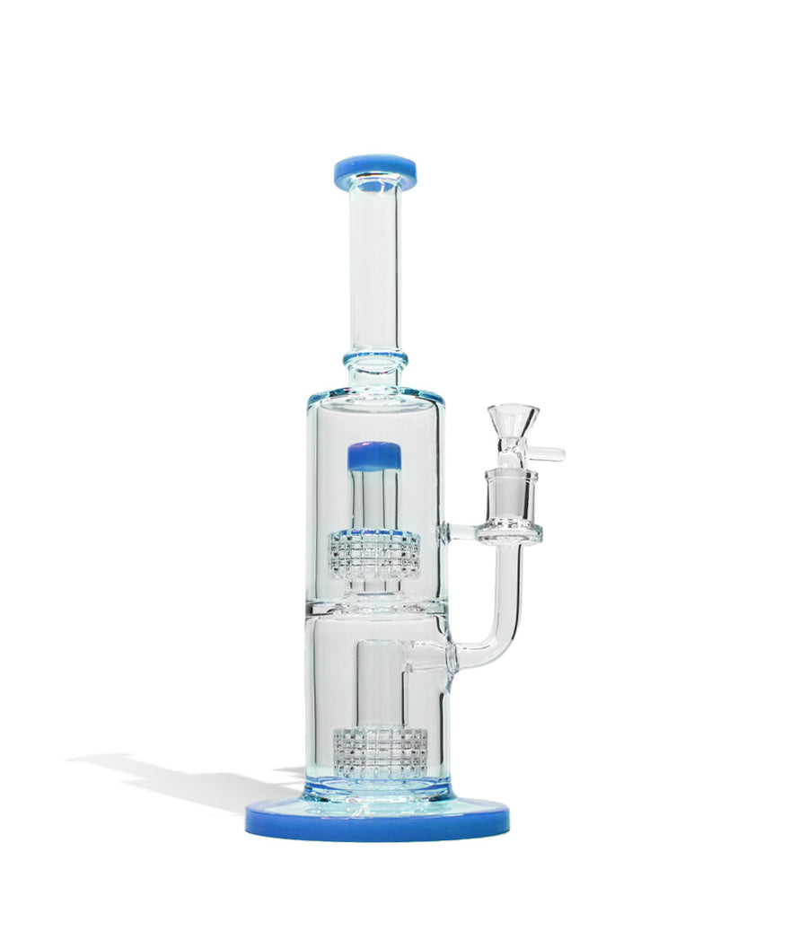 Blue 12 Inch Dual Perc Waterpipe with Color Matched Mouthpiece and Base on white studio background