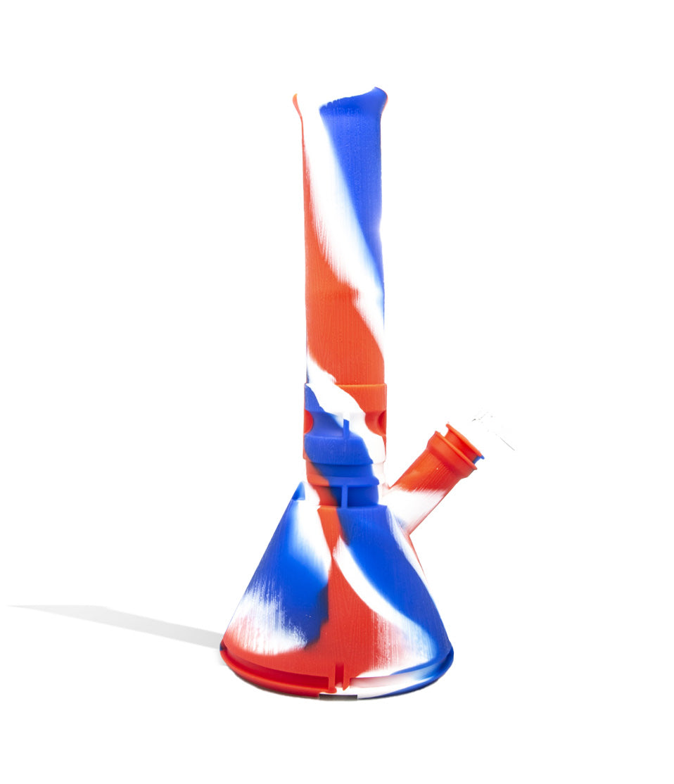 Red/White/Blue 13 inch Silicone Beaker Waterpipe with Stash Container on white background