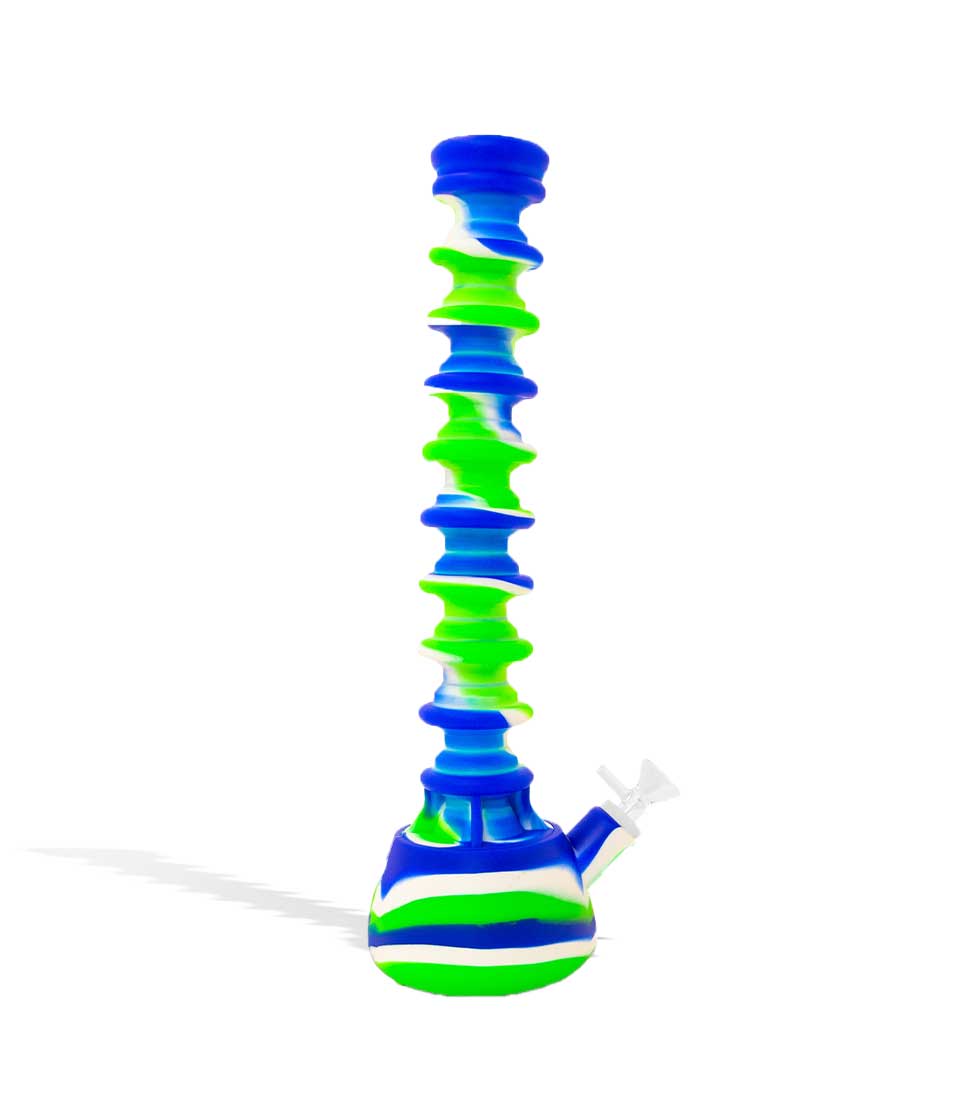 Blue/White/Green 14 inch Silicone Extendable Water Pipe on white background