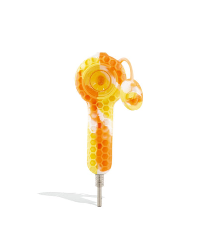 Yellow/Orange 2 in 1 Silicone Hand Pipe and Nectar Straw with 10mm Stainless Steel Tip on white background