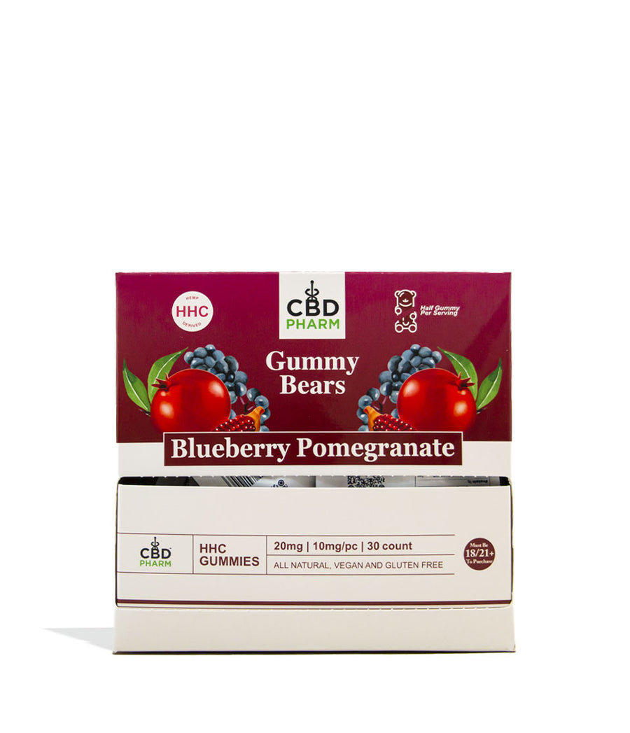 30pk Blueberry Pomegranate CBD Pharm 20mg HHC Gummies on white studio background